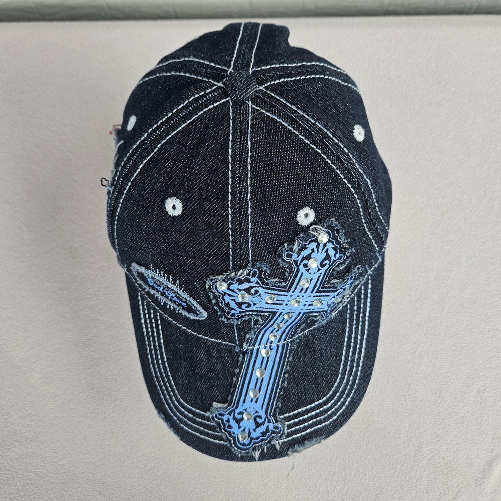 Kerusso Cross Cadet Cap Hat Denim Blue Women OS Studded Bedazzled Distressed - Picture 5 of 8